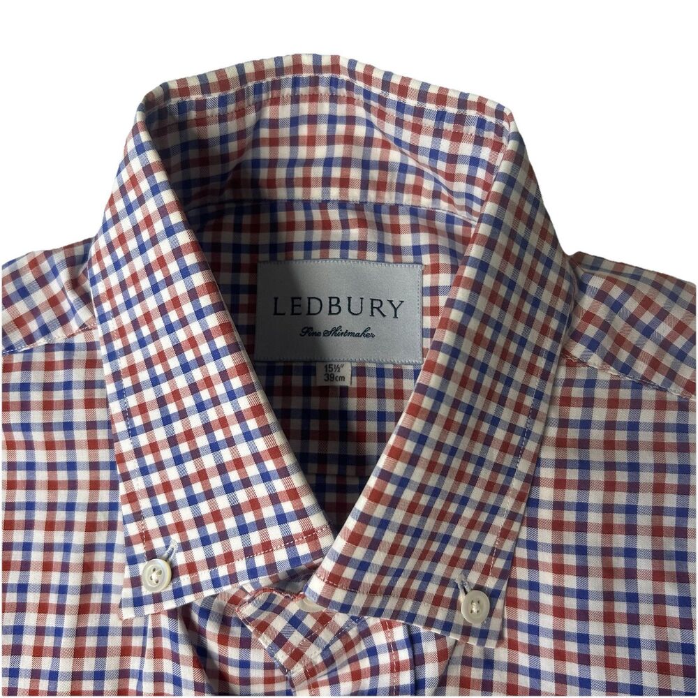 Ledbury Mens 15.5 Check Blue Red Long Sleeve Classic Office